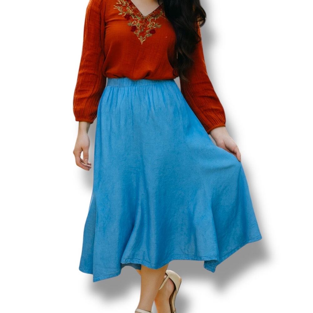 Vintage 80s Alfredo’s Wife Blue Chambray Denim Handkerchief Hem Skirt Made USA